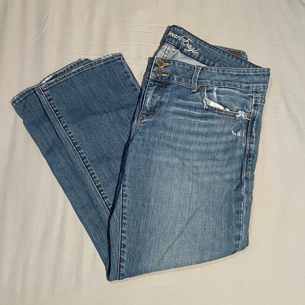 American Eagle Straight Leg Jeans Size 14 Regular Medium Wash Distressed - Picture 3 of 5